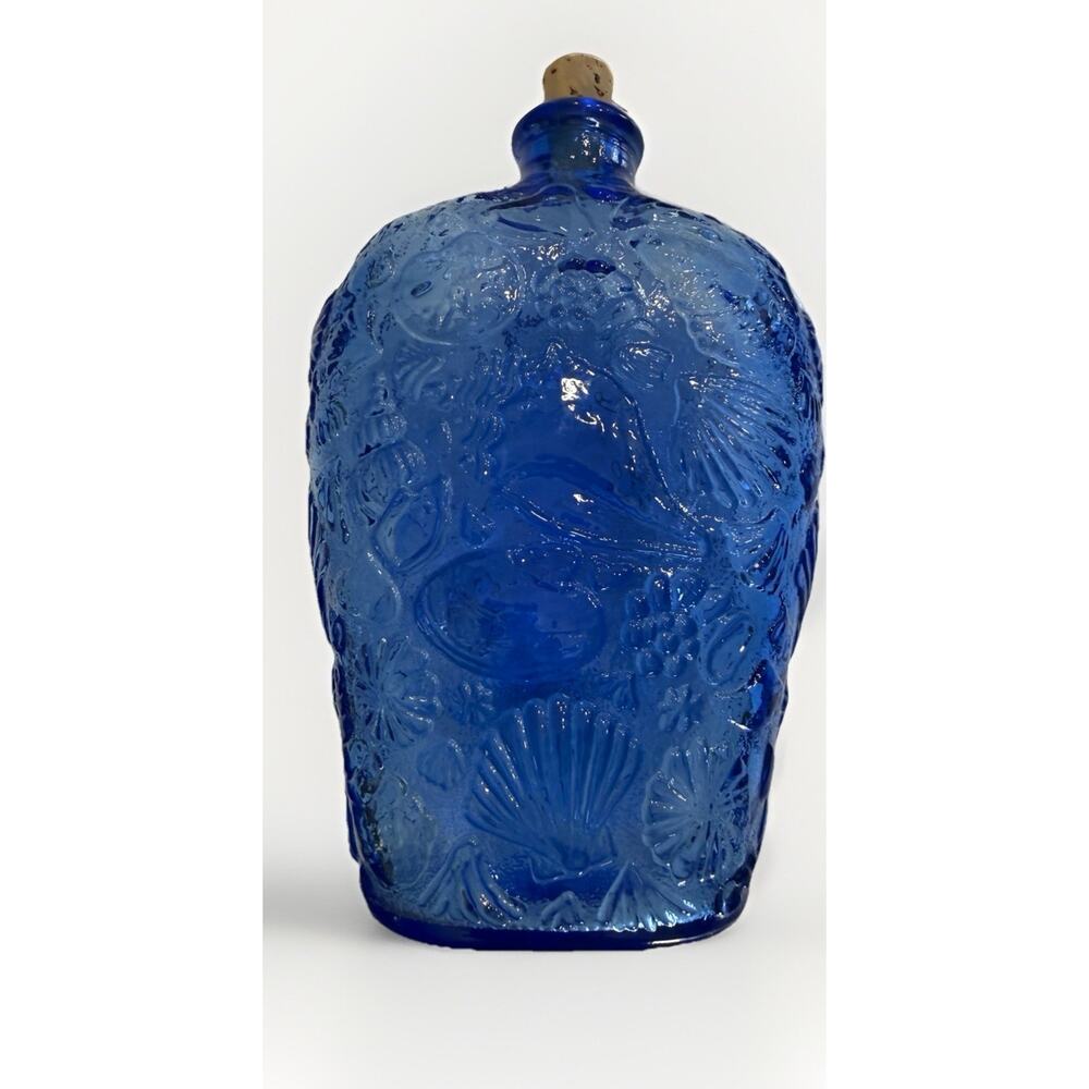 Vintage Libbey Cobalt Blue Glass Bottle Decanter Flask Sea Shell 8.5” 1970s